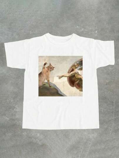 Glimmora 女士休闲猫咪印花圆领T恤，夏季