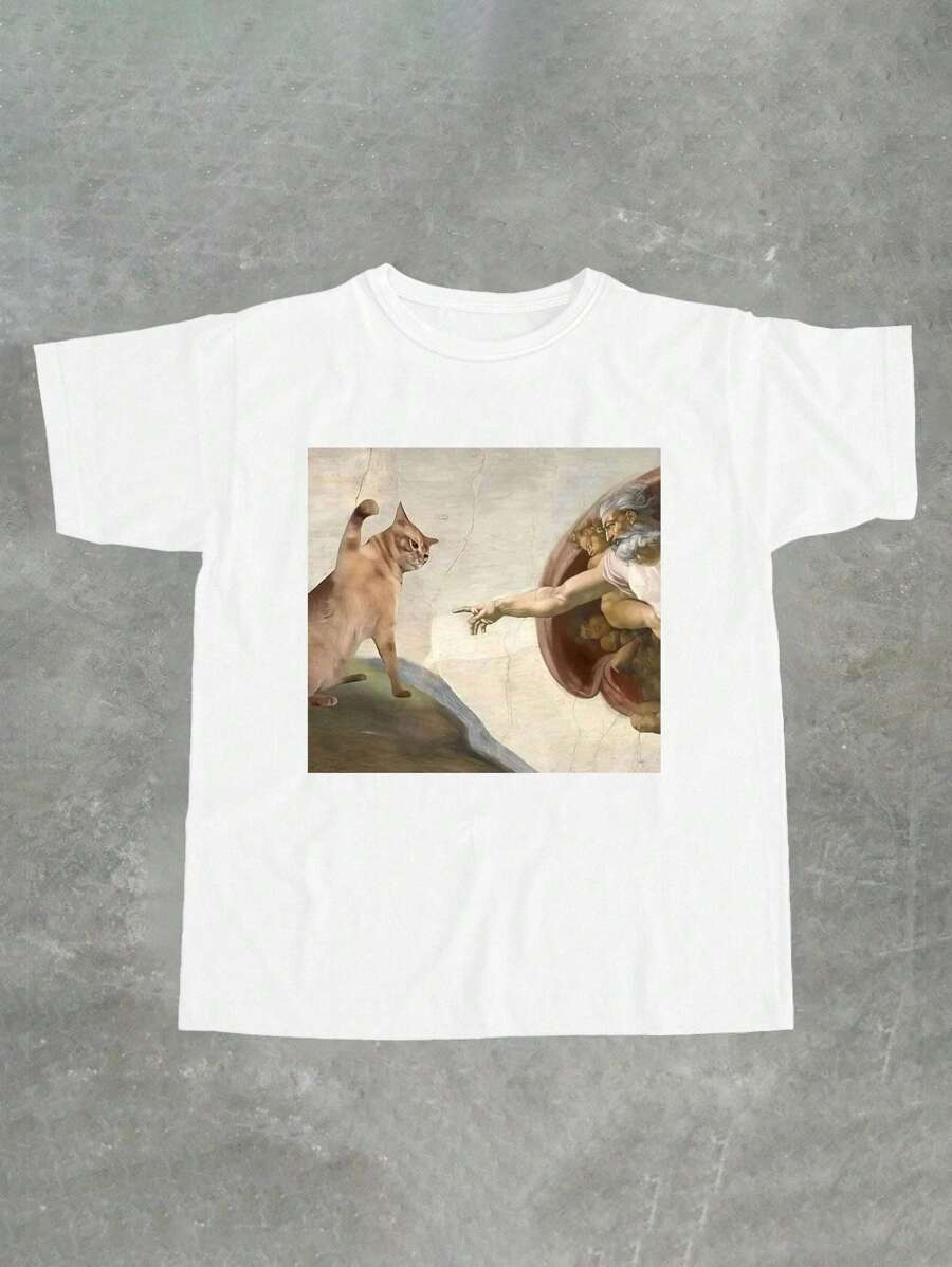 Glimmora Women's Casual Cat Print Round Neck T-Shirt, Summer - White - View 1