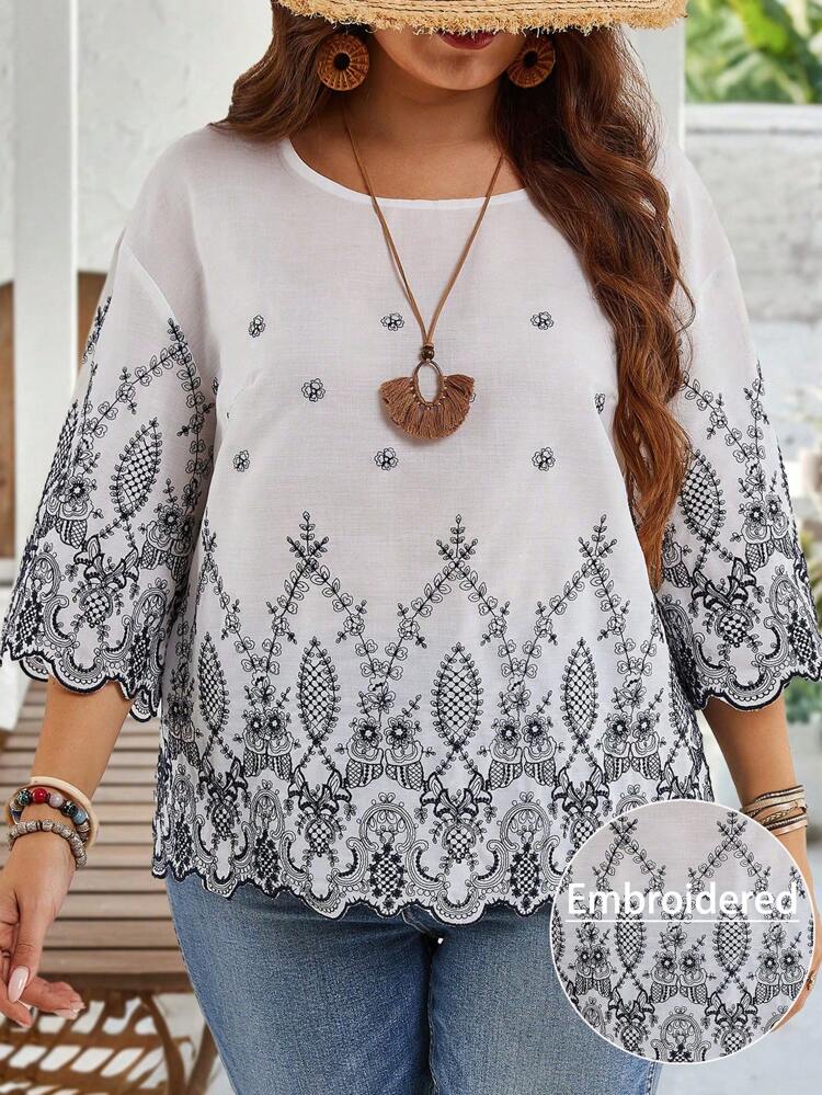 Blusa Solta Elegante e Casual para Mãe, com Bordado Multicolorido, Mangas Três Quartos, Gola Redonda, Adequada para Primavera e Verão, Dia das Mães, Estilo Boho, Passeio no Campo