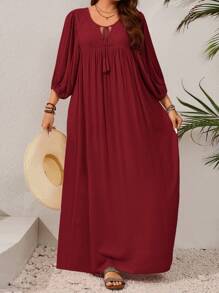 EMERY ROSE Plus Size Women Elegant Contrast Lace Fringe Tie Lantern Sleeve Dress,Flowy Dress,Sun Dresses For Women - Burgundy - View 1