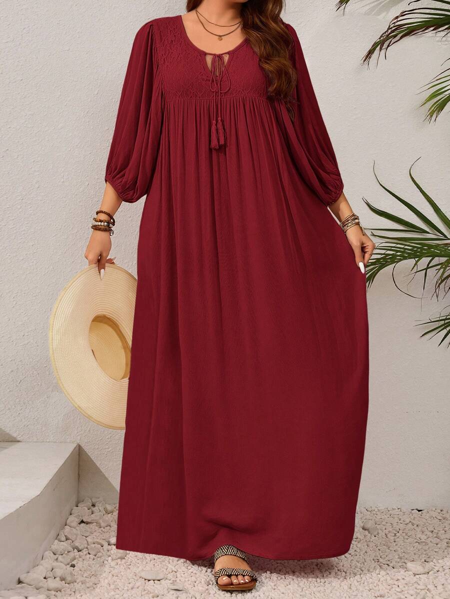 EMERY ROSE Plus Size Women Elegant Contrast Lace Fringe Tie Lantern Sleeve Dress,Flowy Dress,Sun Dresses For Women - Burgundy - View 1