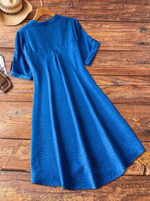 Linhara Plus Size Solid Color Notched Neck Casual Short Sleeve Dress, Summer - Blue - View 2