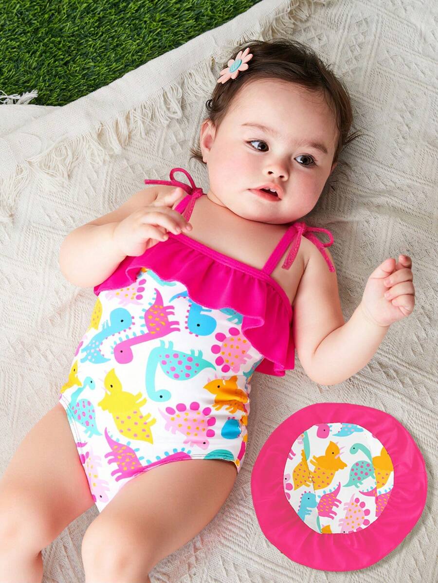 Newborn Girls Swimwear, Cute Bow Embellished Knitted Fabric, Cute Digital Polyester Dinosaur Print Fabric, With A Hat, Newborn Girl Seaside Swimsuit - Pink - View 1