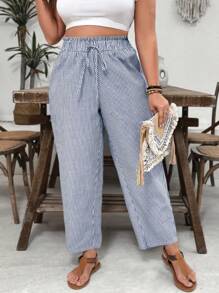 SHEIN VCAY Plus Size Vacation & White Striped Ruffle Waist Wide Leg 7/8 Length Casual Boho Pants Summer Pants,Business Casual Woman - Blue and White - View 1