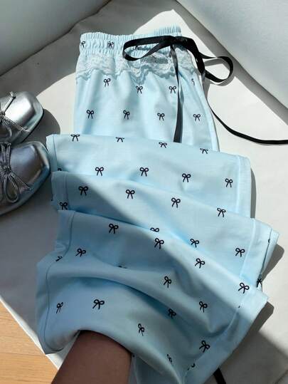 Comfortcana Women's Casual Baby Blue Knitted Lounge Pants With Delicate Bow Print And Lace Trim Detail Graduation,Back To School Outfits,Graduation,Teacher Outfits For Women,Back To School