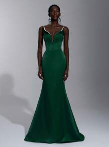 Elitara Elegant And Gorgeous Dark Green Elastic Knitted Handmade Pearl Rhinestones Avant-Garde Special-Shaped Tie High Waist Slim Fishtail With A Hem Dress Suitable For Dating Single Party Cocktail Party Dance Formal Occasion Evening Party Formal Occasion Dinner Dress, Gown, For Wedding Guest
