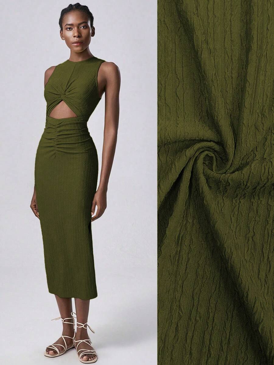 Lumivelle 女士针织纹理弹力镂空中长连衣裙，优雅性感女士连衣裙，春夏 - 墨綠色 - 查看 1