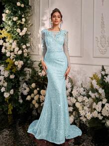 Glamrae Váy dạ hội trang trọng kiểu đuôi cá cổ chữ V tay dài đính lưới màu tương phản thanh lịch, dành cho khách dự tiệc cưới, eo cao - Màu xanh nhạt - Xem 3