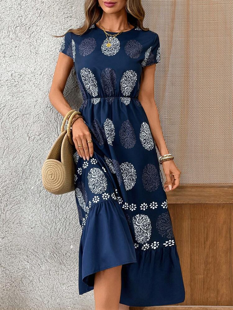 Women's Floral Print V-Neck Cap Sleeve Ruffle Hem Casual Vacation Dress,Sun Dresses For Women
