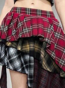 ROMWE Grunge Punk 垃圾摇滚复古前卫美式格子拼布不对称下摆分层女式半身裙 - 彩色 - 查看 5