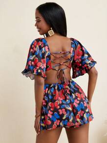 TIYA Butterfly Print Cut Out Front Flounce Sleeve Lace-Up Back Romper Women Summer Short Jumpsuits - Multicolor - View 1