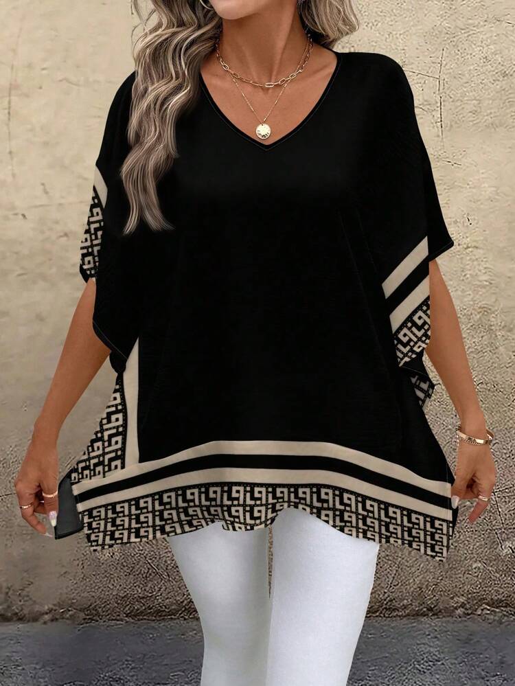 Women's Casual Simple Loose V-Neck Spliced Web Design Shirt, Suitable For Summer Chic Blouses For Women