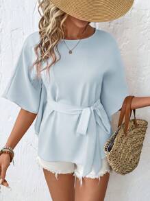 SHEIN LUNE Camisa de mujer de manga corta y unicolor, de moda para el verano
