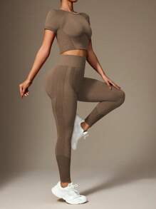 Slayform 女士拼接高弹无缝短款运动上衣和紧身裤套装健身套装