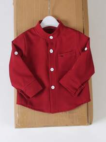 SHEIN 1pc Toddler Infant Baby Boy Chinese Collar Wine Red  Woven Shirt With Pocket Mountain Embroidery, Suitable For Autumn/Winter Neutral Baby Clothes Baby Boy Shirts Shirt For Baby Boy Neutral Color Baby Clothes - Burgundy - View 3