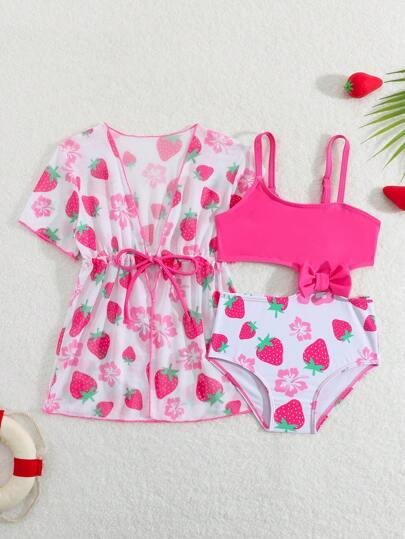 SHEIN 2 件套女婴泳衣套装，婴儿可爱草莓印花蝴蝶结装饰连体泳衣和沙滩罩衫