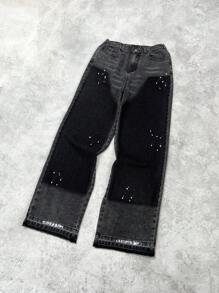 SHEIN 青少年男童时尚休闲黑色宽松舒适直筒牛仔裤，融合街头风和波点元素，适合青少年男童日常穿着，柔软舒适，也适合青少年男童春夏穿着。 - 黑色 - 查看 3