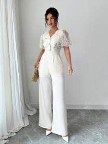 Modelyn Women's Mesh Embroidery Patchwork Decorative Button Short Sleeve Wide Leg Jumpsuit - Multicolor - View 6