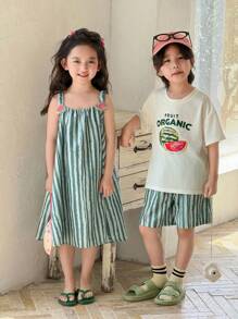 SHEIN Genkimix Kids Vestito estivo casual e senza maniche da ragazza, linea ad A, morbido, con stampa a fette di cocomero, dolce e carino