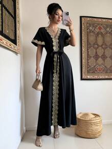 Chiquease Vestido elegante con cuello en V profundo y cinturilla para mujer