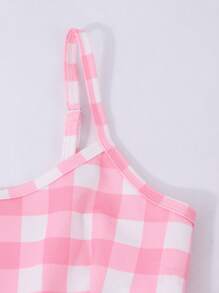 SHEIN Mono de cuadros rosas con estilo chic para niñas preadolescentes, adecuado para uso casual y playa
