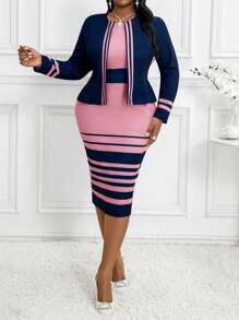 SHEIN Lady Vestido ajustado de lápiz de cuello redondo de punto elegante de oficina de trabajo de talla grande a colores para otoño e invierno, conjunto.