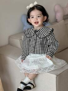 Blusa de manga larga con volantes a cuadros para niños pequeños, linda para el verano - Blanco y Negro - Ver 7