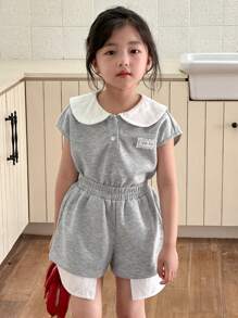 DAZY 2pcs/Set Girls Collared Casual Loose Short Sleeve T-Shirt And Shorts, Summer - Grey - View 4