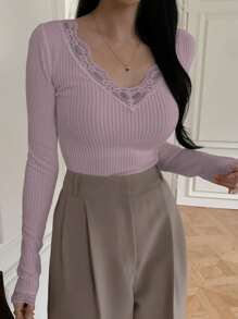 DAZY Women Casual Solid Color Lace Patchwork Fitted T-Shirt,Fall Clothes - Purple - View 2