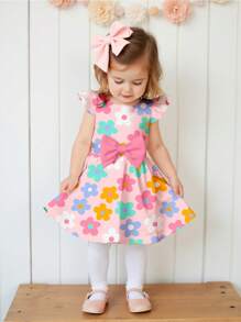 SHEIN Toddler Girls Cute Bow & Floral Print Short Cap Sleeve Casual Dress, Suitable For Spring/Summer Vacation - Multicolor - View 4