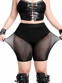 Whyspr 女式加大码纯色高腰网眼拼接性感短裤 - 黑色 - 查看 5