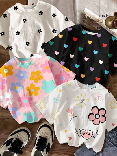 SHEIN 4pcs/Set Tween Girl Casual Cartoon Flower & Heart Print Short Sleeve Round Neck T-Shirt, Suitable For Summer, School, Campus, College