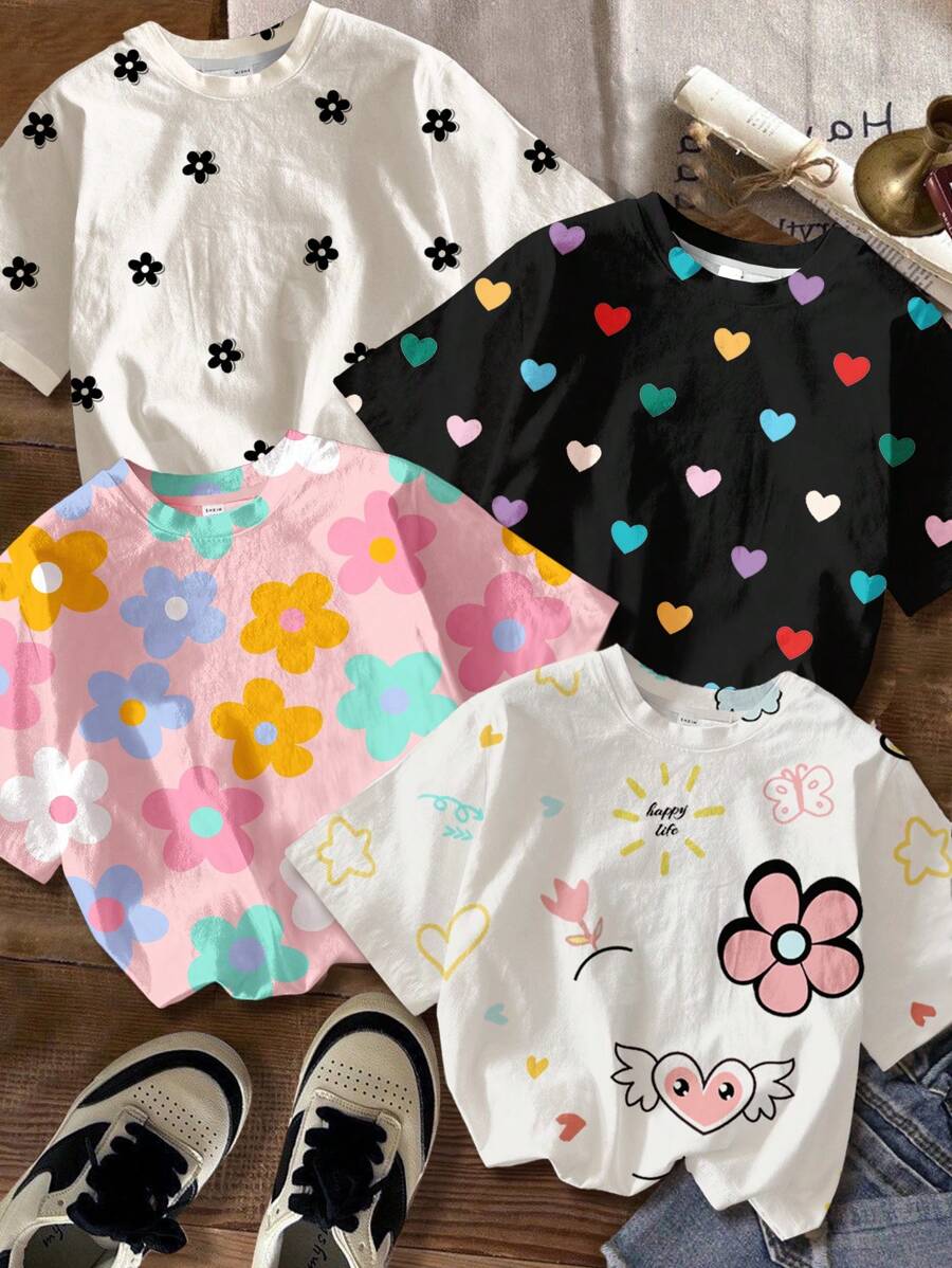 SHEIN Leap Crew 4 件套青少年女孩休闲卡通花朵和心形印花短袖圆领 T 恤,适合夏季 - 彩色 - 查看 1