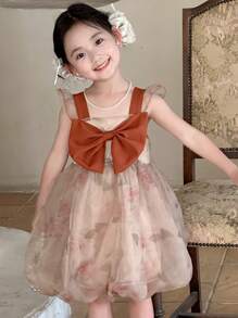 DAZY Young Girls Summer Square Neck Gradient Elegant Bowknot Decor Party Dress - Coffee - View 6