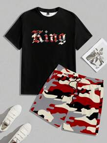 Manfinity Homme 2pcs Men's Camo Letter Print T-Shirt And Drawstring Waist Shorts Set - Red - View 3
