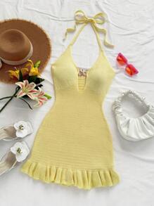 Soleia Women's Resort Moss Green Halter Backless Cutout Metal Starfish Knitted Mini Dress With Ruffles - Mustard Yellow - View 4