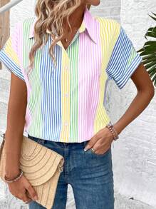 EMERY ROSE Women's Casual Vacation Contrast Stripe Blouse (Asymmetrical Floral Print) - Multicolor - View 4