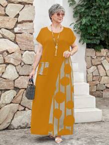 EMERY ROSE Váy dài thường ngày in họa tiết tương phản cỡ lớn, trang phục mùa xuân cho phụ nữ, trang phục đi nghỉ nhiệt đới cho phụ nữ - Màu vàng - Xem 5