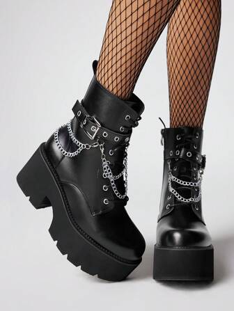 Grunge Punk Botas cortas de estilo punk oscuro con suela gruesa y tacón ancho para mujer, botines con cuña y decoración de cadena metálica de estilo gótico, botas de combate cómodas