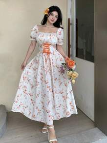 Breezaya 系腰泡泡袖拼布蕾丝花卉印花连衣裙长款女装 - 彩色 - 查看 3