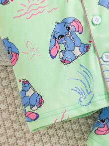 2pcs/Set Girls Cute Cartoon Droopy Ear Blue Rabbit Print Short Sleeve Top And Shorts Comfortable Casual Homewear Set Clothing Sets For Kids S Baby Clothes For Girls Kids Clothing Sets Kids Summer Clothes Outfit Set - Green - View 4