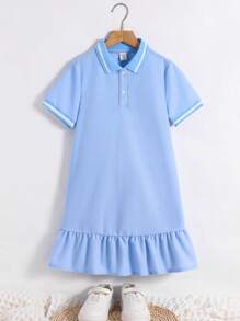 青少年女孩休闲舒适立领拼色罗纹纯色连衣裙，适合返校季、公主风连衣裙、毕业舞会、生日派对、Y2K、时尚街头风格、甜美酷炫女孩