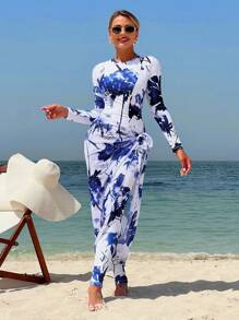 Swim Shayni Ladies' Conservative Beach Holiday Swimsuit With Blue & White Tie-Dye Print, Long Sleeves, Long Legs, With Mesh Skirt - Multicolor - View 3