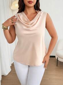 SHEIN Clasi Plus Size Draped Neck Pearl Button Accent Sleeveless Elegant Blouse - Apricot - View 4