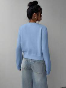 SHEIN BASICS 女士休闲纯色圆领长袖宽松短款开衫，秋冬季上学上衣 - 淺藍色 - 查看 2