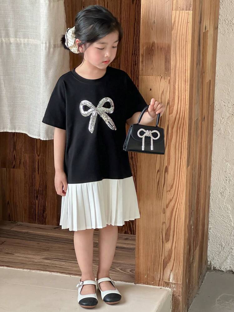 Young Girls Sequin Bow Decor Cute Ruffle Hem Pleated Mid-Calf Splice Dress,Girls Summer Outfits