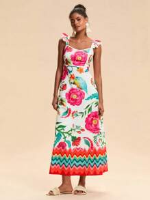 Travachic Vestido feminino com estampa de manga curta e gola quadrada, roupas de verão para mulheres, roupas de praia, Páscoa, roupas de praia para mulheres, férias de primavera, roupas de férias femininas, roupas de show femininas, BOHO, boêmia, festival de música, roupas femininas de férias tropicais