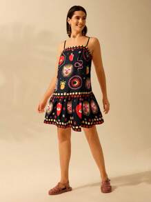 CAJUNI 女式波西米亚风热带豹纹、龟背竹纹、恶魔之眼印花、系带短款休闲度假海滩夏装 - 彩色 - 查看 5