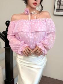 Modelyn 法式优雅露肩荷叶边衬衫，春夏 - 淡紫色 - 查看 2