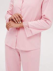 LUVLETTE Soft 100% Pure Cotton Pink Lace Trim Button-Up Top & Pants Loungewear Pajama Set Pants With Pockets Bridal Intimates Fall Pajamas Clothes,Spring And Summer - Baby Pink - View 4
